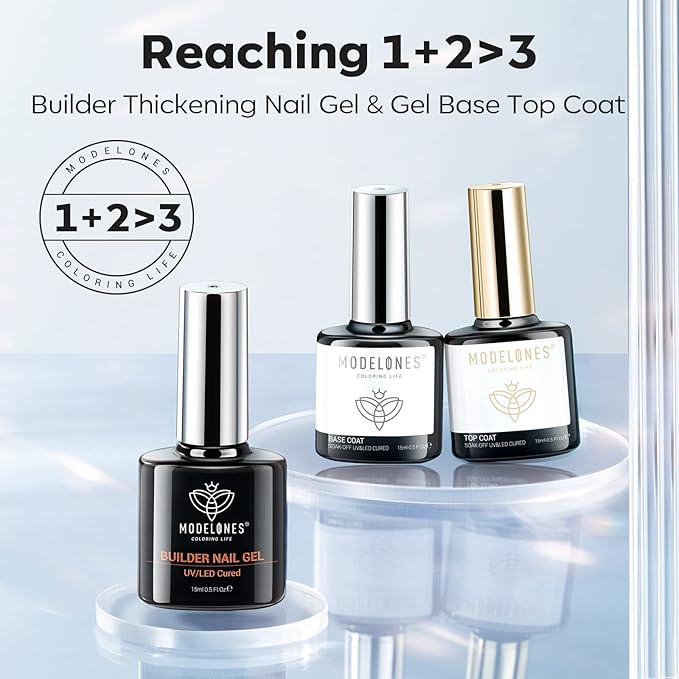 modelones Builder Nail Gel with Gel Top Coat, 3Pcs Clear Builder Nail Kit for Thickening Apex Building Extension Rhinestone Gel Tips Glue, U/V LED Lamp Cured for Home DIY Salon Girls