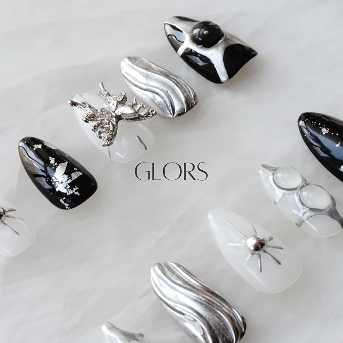 Gothic Long Almond Press-On Nails Set, Black and Silver Metallic Design with Butterfly Accent, Handmade False Nail 10 Pieces (Medium,Almond)