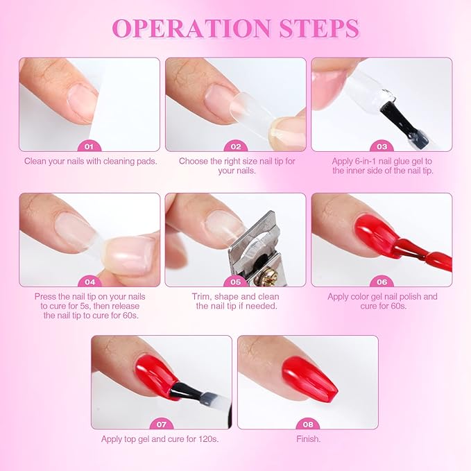SAVILAND Nail Kit for Beginners: 500 Pcs Nail Tips Pre-Shaped Clear Short Nail Tips with 4-in-1 Nail Glue and Mini Nail Lamp Nail Extension Kit, Nail Art DIY at Home Salon Gift for Women