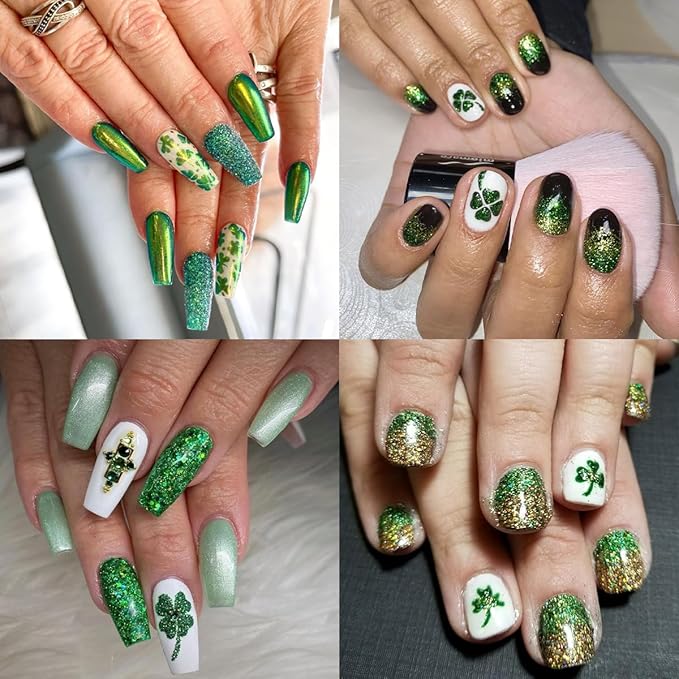 8 Sheets Laser St. Patrick's Day Nail Art Stickers 3D Holographic Glitter Shamrock Nail Stickers Self-Adhesive Luck Clover of Irish Nail Decorations Spring Summer Nails Supplies for Women Holiday DIY