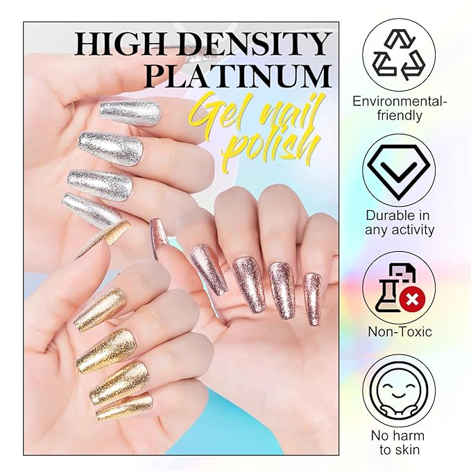 NXJ INFILILA Glitter Gel Nail Polish Set, 3 Colors Gold Silver Rose Gold Reflective Metallic Gel Polish, Holographic Sparkle Long-Lasting Soak Off UV LED Cured Gels for Salon DIY Manicure