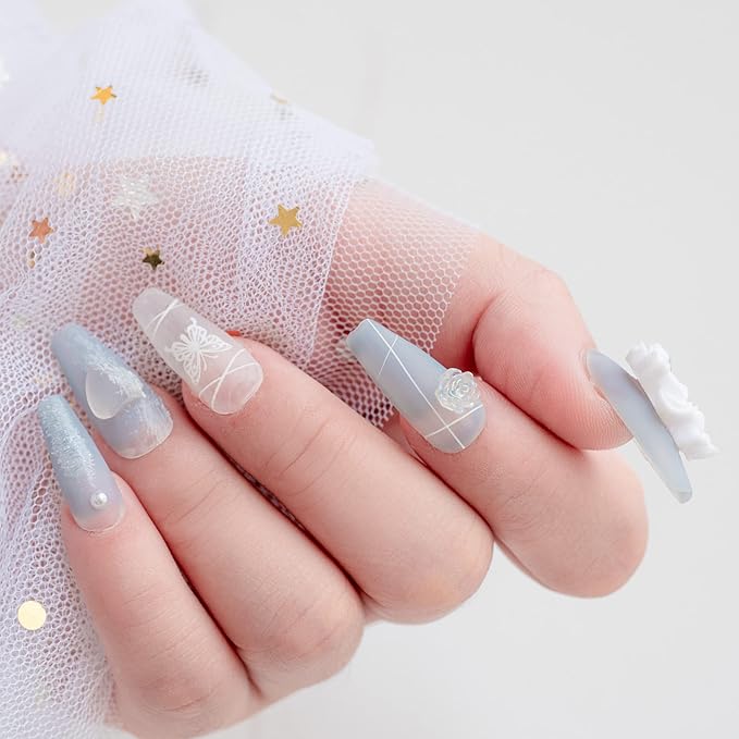 Sun&Beam Nails Handmade Press On Nail Coffin Ballerina 3D Accessories Blue Acrylic Fake Tip Design Art Charms Cute with Storage Box 10 Pcs (#008 L)
