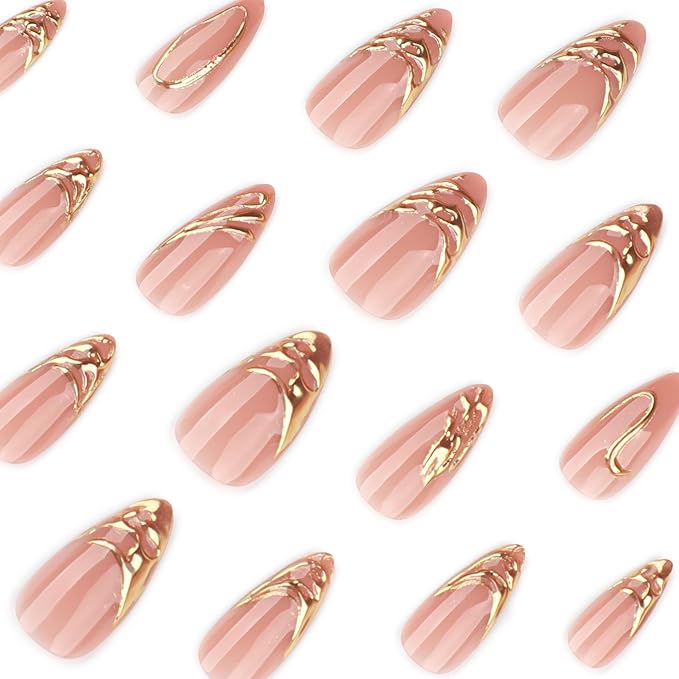 Medium Almond Press on Nails - Pink Glossy Fake Nails with 3D Gold Line Design, Acrylic Nails with Stiletto Design, Reusable Full Cover Glue-On for Women, French Manicure False Nails - Gift