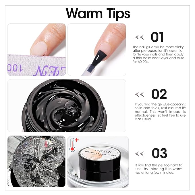 Gellen Solid Nail Glue Gel Kit - 8g Gel and 8w Mini UV Light LED Lamp for Cured Nails, Press on Glue for Acrylic Fake Tips, Salon Art DIY at Home