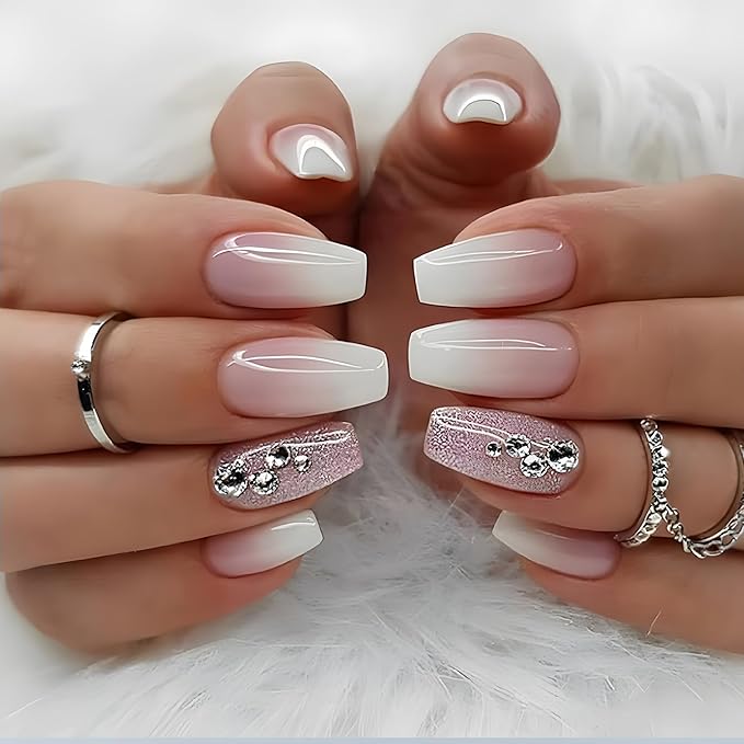 Glitter Gradient Press on Nails Medium Square Fake Nails Solid Nude False Nails with Rhinestone Design Full Cover Nude French Glossy Acrylic Nails for Women and Girls DIY Manicure Decoration 24Pcs