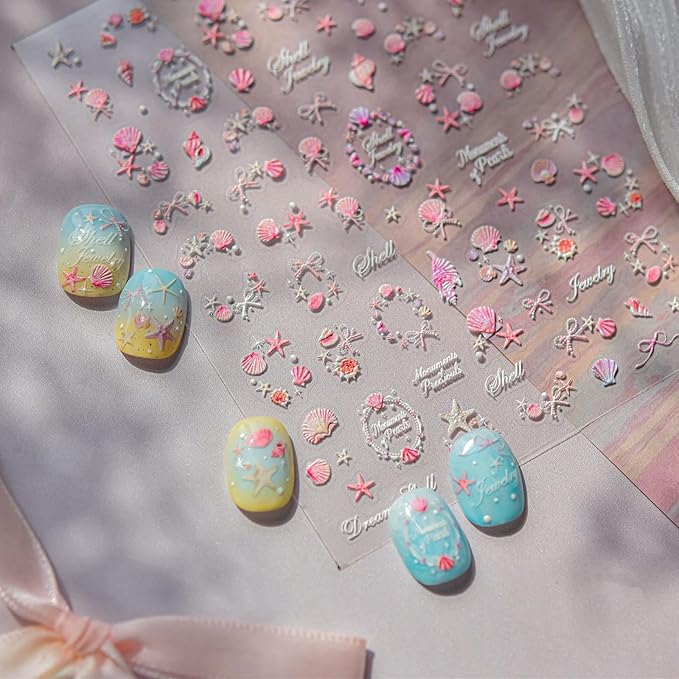 Ocean Nail Stickers 3D Self-Adhesive Pink 5D Embossed Pearl Seashell Starfish Nail Decals Flower Nails Supplies Star Bow Nails Designs Summer Nail Art Decoration for Women DIY Manicure 1 Sheet