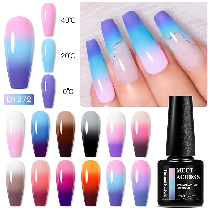 MEET ACROSS Color Changing Gel Nail Polish Set of 12 Temperature Changing Colors Gel Polish Including Pink Purple Orange Mood Changing Gel Manicure Kit for Nail Art Home DIY
