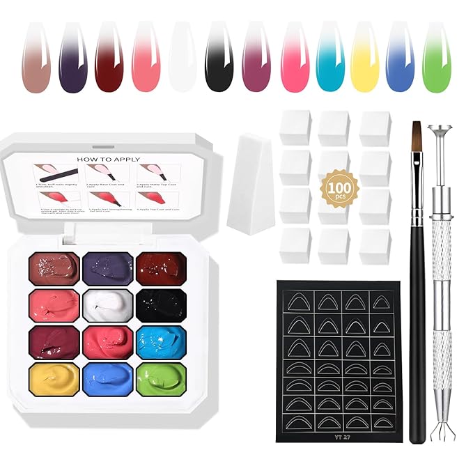 AOBOOGentle Color Gradient Painting Gel 12 Colors Ombre Glue With 100pcs Nail Sponges & Grabbing Pen,High Color Rendering And Quick Drying For Beginners DIY Nail Handle Ombre Gel Nail Polish (c4)