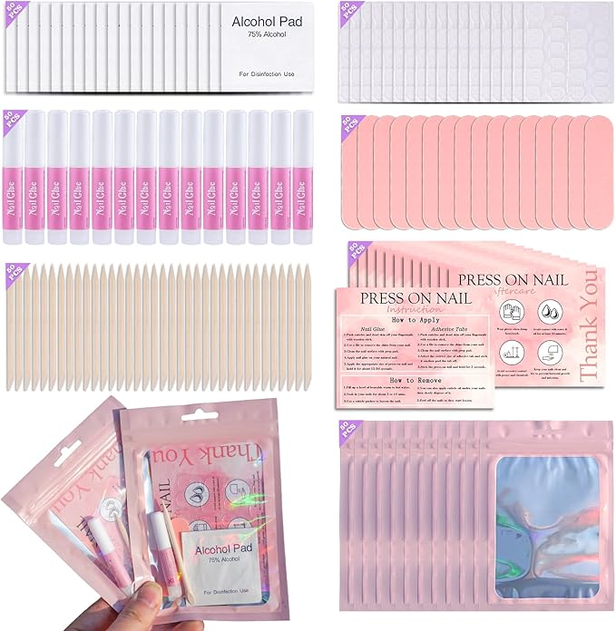 Disposable Nail Supplies Kits,Professional Manicure Press On Nail Tool Kit with Nail File,Adhesive Tabs,Nail Glue,Sticks, Prep Pads,Bags,Cards for Nail Business (350pcs50set-pink)