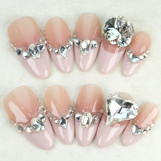 Almond Press On Nails Medium Fake Nails Handmade False Nails Diamond Rhinestones Gems Nail Charms,French Tip Acrylic Nail Kit Gel Nails,Reusable Stick on Nails for Women 10pcs M