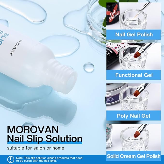 Morovan Nail Slip Solution Kit: 2.5 OZ Anti‑Stick Gel Liquid for PolyGel Nails with Dual‑Ended Brush & Nail Forms Ideal Easy Spread for Beginners