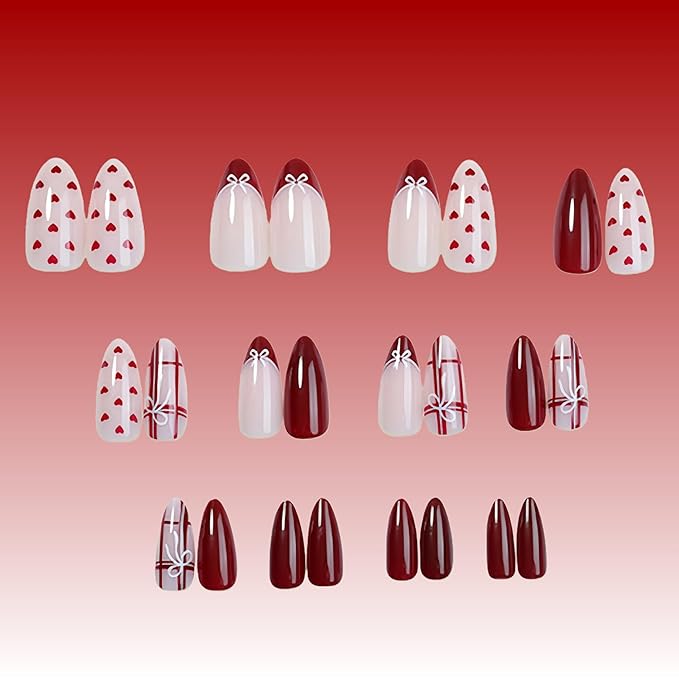 24Pcs French Tip Press on Nails Medium Almond Fake Nails with Red Heart Plaid Bow Designs Glossy False Nails Cute Mini Bow Burgundy French Acrylic Nails Glue on Nail for Coquette Women Girlfriend Gift