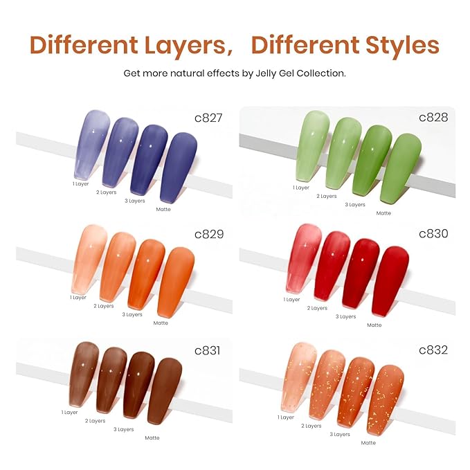 Beetles Christams Gel Polish - Glimmer 6 Colors Jelly Polish Set, Tortoise Brown Red Green Jelly Colors Nail, Soak Off LED UV Curing Manicure Kit Gift for Women