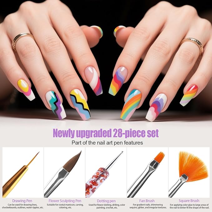 Artdone 38Pcs Nail Striping Tape Lines Kit With Nail Art Pens Dotting Tools And Liner Brushes For Gel Polish Small Detail Drawing Design Paint