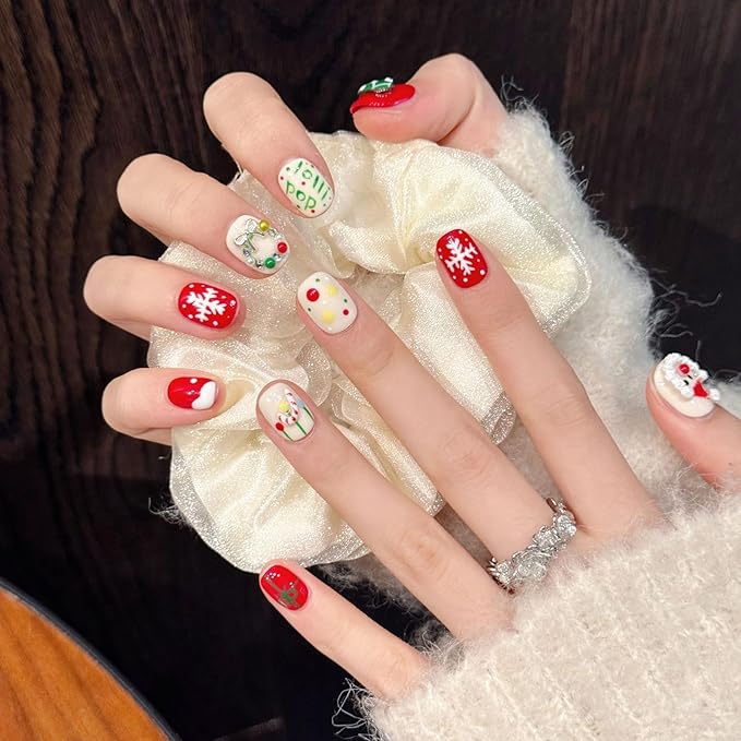 10Pcs Handmade Square Press on Nails Short Christmas Fake Nails Cute Christmas False Nails with Cartoon Old Man Snowflake Design Multi-Layer Acrylic Nails Press ons Xmas Glue on Nail for Women (M)