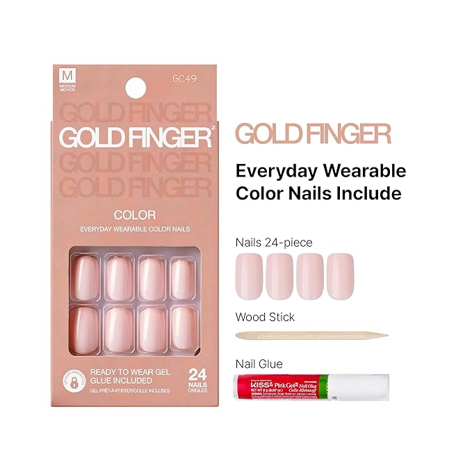 GoldFinger False Nails Kit, Ready to Wear Natural Pink Fake Nails, Manicure Stick and Glue Included, Medium Squavol Shape, Long-Lasting Hottest Trend Glue on Nails, Convenient & Easy to Apply