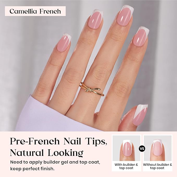 Beetles X Press Plus French Tip Nails - Camellia French | Pink Short Squoval Press On Nails | 16 Sizes 224 Pcs Natural Salon Quality Gel Nail Tips
