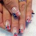24Pcs Independence Day Press on Nails, Short Square, French Tip, USA Heart Flags Design, White Glitter, Reusable Stick on Nails for Women