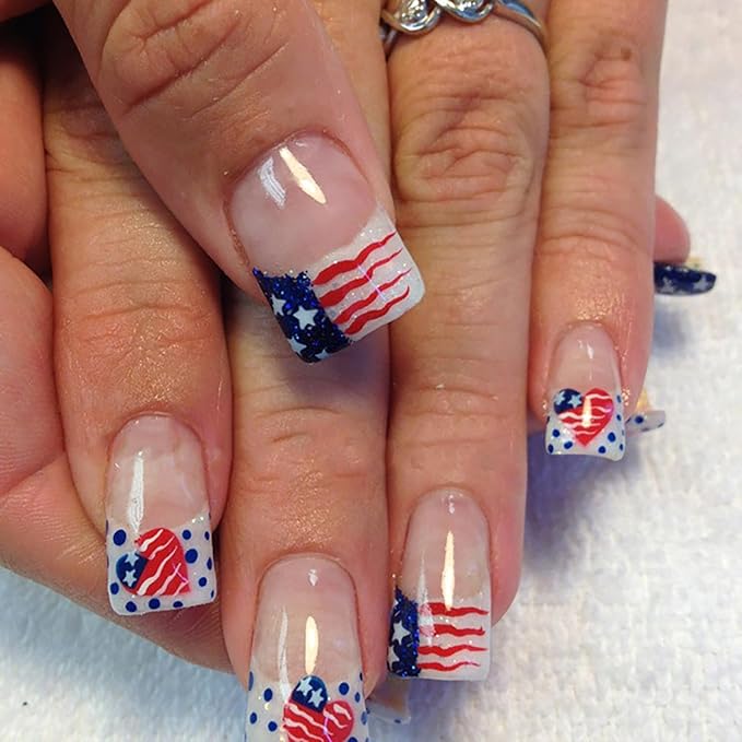 24Pcs Independence Day Press on Nails, Short Square, French Tip, USA Heart Flags Design, White Glitter, Reusable Stick on Nails for Women
