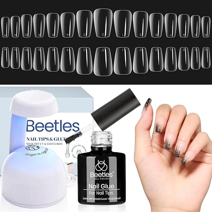 Beetles Gel Nail Tips 510Pcs 15 Sizes Short Coffin Acrylic Nail Kit Clear Nail Tips 5 in 1 Nail Glue Base Gel and Uv Led Lamp Easy DIY Press on Nails Extension Set for Women