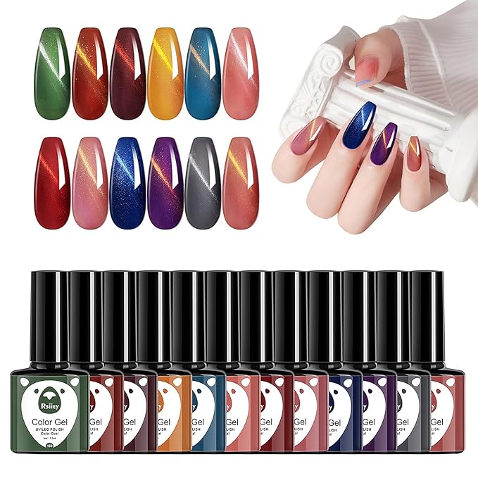 Classic Gel Nail Polish Set, 12 Colors Nude Gray Pink, Nail Polish Gel Manicure Kit (Cat eye ombre, 12pcs)