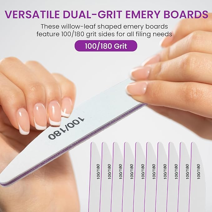 10PCS Nail Files 100/180 Set Grit Double Sided for Natural and Acrylic Nails Professional Fingernail Emery Boards and Shine Kit Supplies for Salon and Home Tech