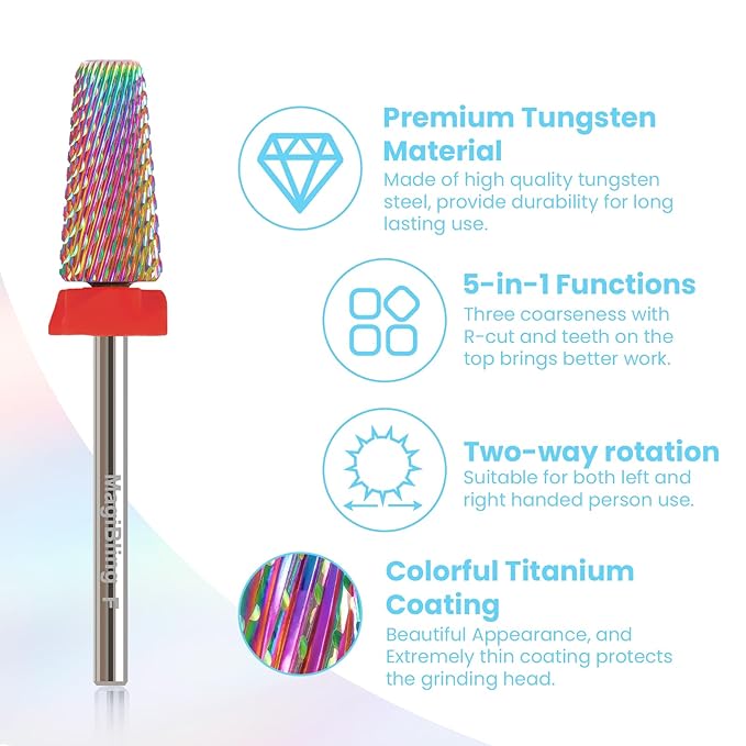 Professional 5 in 1 Tapered Nail Drill Bits, 3/32'' Safety Tungsten Carbide Bits, Remove Hard Gel Fast, Left & Right Hand Use, Easy for Beginner, Technicians Bits, Fine