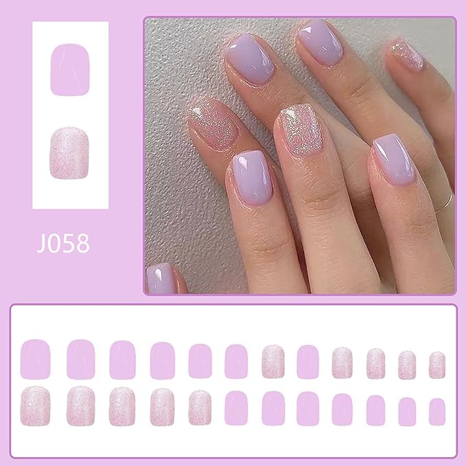Purple Press on Nails Short Square MABKJLF Fake Nails False Nails with Designs Glitter Solid Colour Full Cover Glossy Glue on Nails Natural Nails Acrylic Nails for Women Girls 24 Pcs