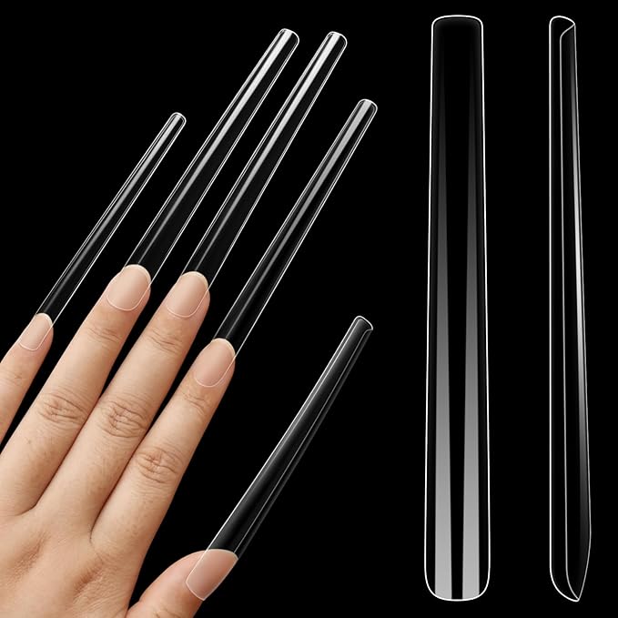 NOVO OVO Extra Super Extreme Long Straight Tapered Square Nail Tips, 5XL XXXXXL Clear Full Cover French Tips False Fake Nail Extension, Coffin Nails for Professional Acrylic, 120 pcs 12 Sizes