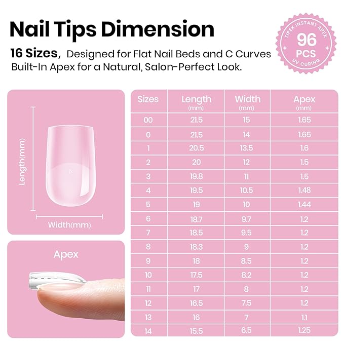 Beetles Tipex Lite Instant Apex Nail Tips, Short Square, 16 Sizes | 00–14, Built-in Apex Acrylic Tips for Flat & Natural Nail Beds, Beginner-Friendly Easy DIY Nail Extensions