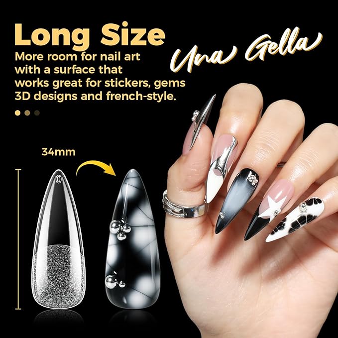 UNA GELLA Long Stiletto Gel Nail Tips, 600Pcs Pre Etched Long Stiletto Almond Nail Tips Clear Fake Nails Press on Nails No C Curve for DIY Art Salon at Home 12 Sizes