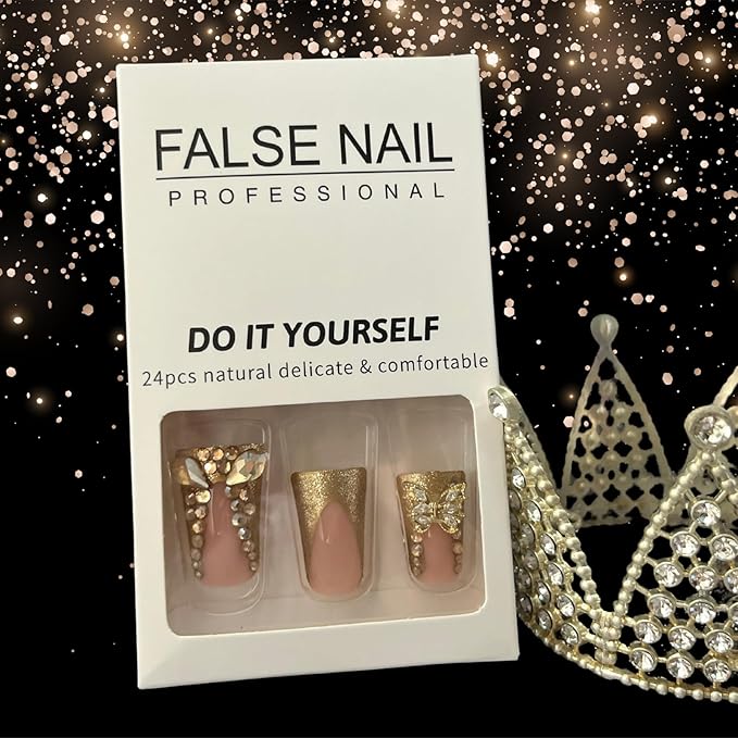 French Tip Junk Press on Nails Short Duck Square Fake Nails with Butterfly Charms Designs False Baddie Nails Cute Rhinestones Stick on Nails for Women 24Pcs (Designs, gold buterfly)