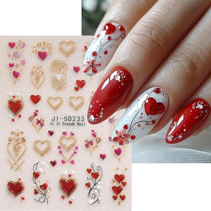 Valentines Day Nail Art Sticker for Nail Art 5D Embossed Love Heart Nail Stickers Gold Red Heart with Flower Rose Romantic Holiday Nail Art Supplies Cute Nail Decals for Women Manicure Accessories