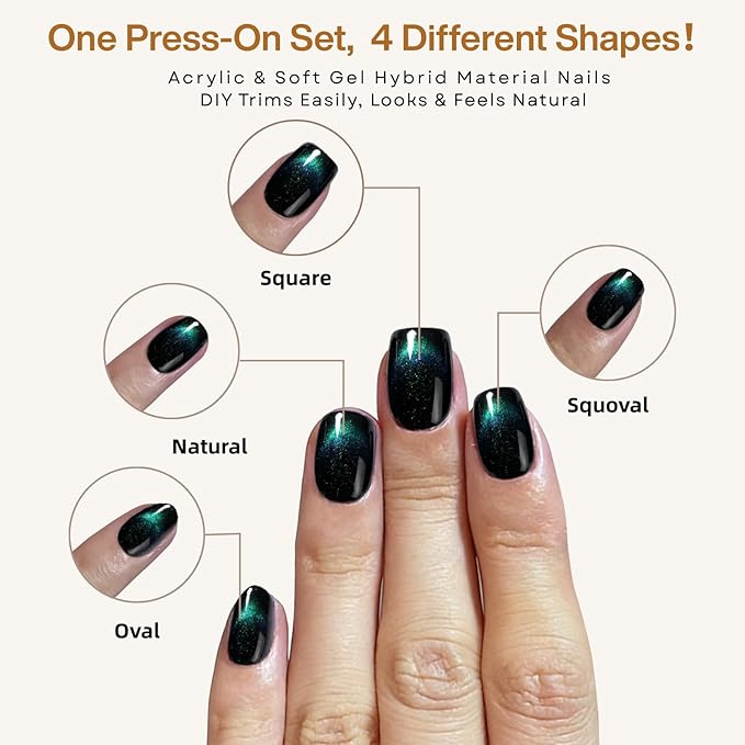 Green Cat Eye Press on Nails Short Square, St. Patrick's Day Nail, French Tip Short Square Glue on Nails for Women Gift, Reusable Soft Press on Acrylic Nail with Designs 30Pcs (Teal Green)