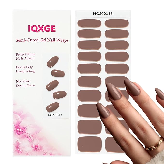 20Pcs Semi Cured Gel Nail Strips Brown Gel Nail Stickers UV/LED Light Needed Full Polish Nails Wraps Gloss Nails Polish Strips for Women Includes Prep Pads, File, Wooden Cuticle Stick