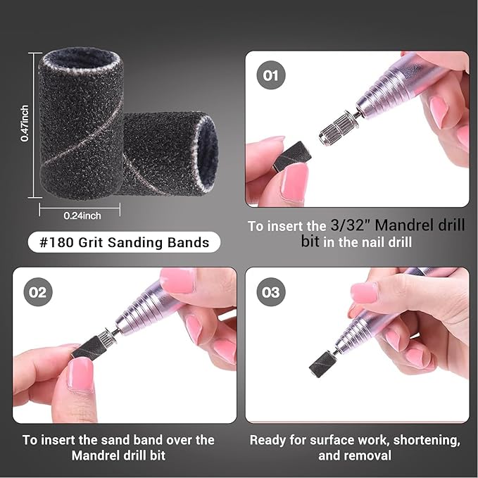 MelodySusie 100 Pcs Nail Drill Bits Sanding Bands for Nail Drill 180 Fine Grit Nail File Sanding Bands for Acrylic Nails Gel Manicures and Pedicure