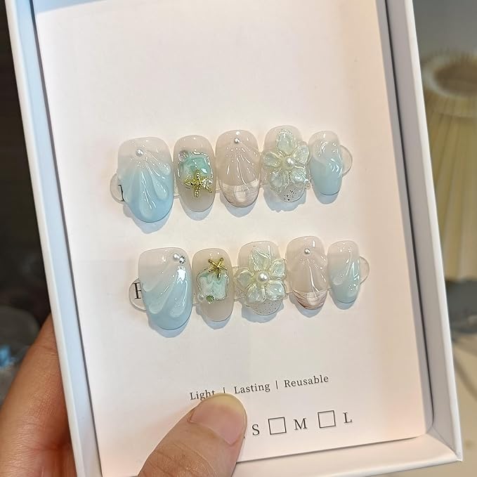 Blue French Tips Press on Nails Short Oval,Isle Blue Gradient & Hand-Sculpted Conch Relief False Nails,Ocean Whisper Fake Nails Kit,Glossy Cute Artisan Coastal Zen Nail Art with Tools 10pcs(L)