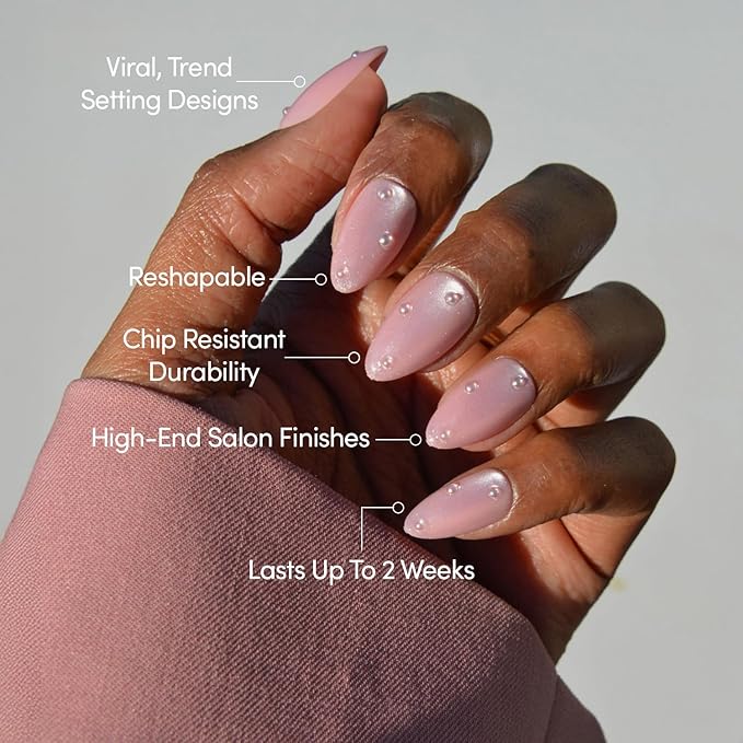Valentines Day Glamnetic Press On Nails - Pearl Me Softly | Short Almond Fake Nails in a Soft Pastel Pink Hue with Girly 3D Pearls and a Velvet Finish | 15 Sizes - 30 Nail Kit with Glue