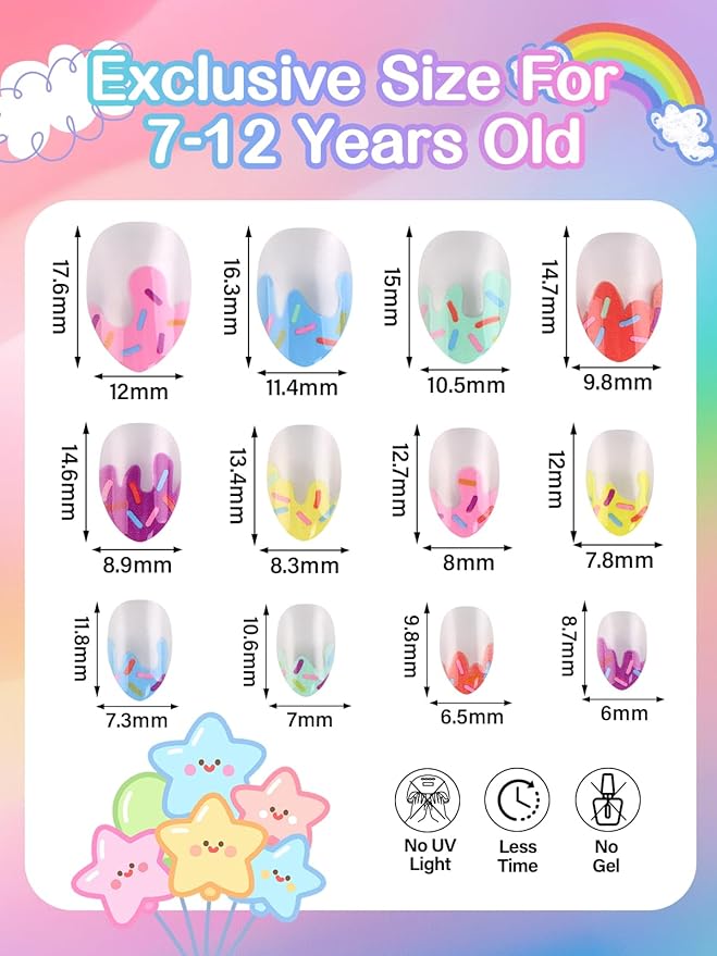 72 Pieces Press on Nails Girls, EBANKU 3 Pack Children False Nail Full Cover Short Acrylic Nails for Girls Kids Nail Art Decoration With Nail Glue