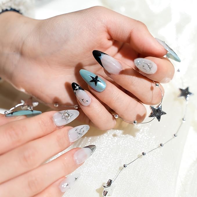 Sun&Beam Nails Handmade Press-on Medium Long Amlond Blue Black White French Star Bow Design Fashion False Nail Tips 10 Pcs Set (#218 M)