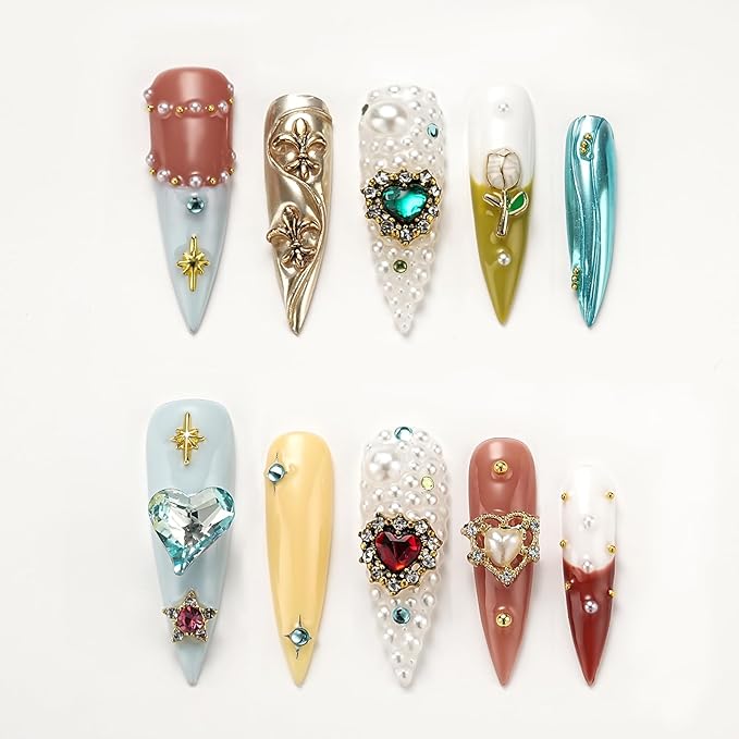 FORBELOVED NAILS,Shiny Colorful Gems,Heart Love,Flower Decorations,Luxury Handmade Press On Nails,Long Stiletto Glue On Nails,Pearls False Nails For Women And Girls,10Pcs/Set With Glue,(Yellow-M),FOB
