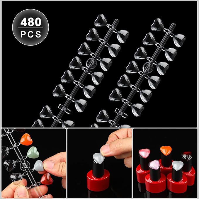 Maitys 480 Tips Heart False Nail Display Tips Clear Nail Color Display Chart Card Sticks with Adhesive Sticker for Bottles Colorful Polish DIY Training Practicing Displaying