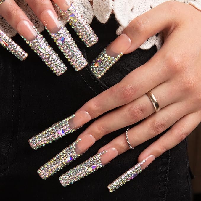 LOVFUL Press on Nails Angel's Tear | Handmade with Full Covered Crystals | Reusable Fake Nails | Square | H48-M, pink