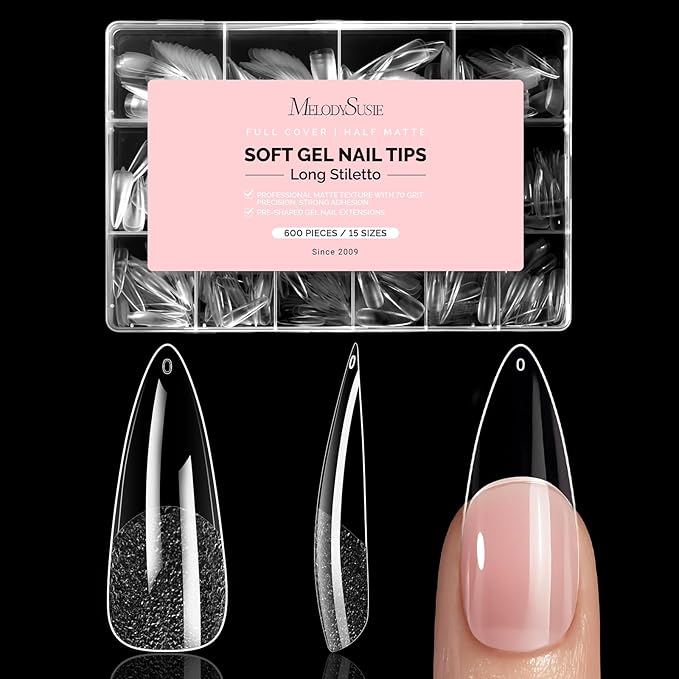 MelodySusie Long Almond Stiletto X Nail Tips - 600Pcs 15 Sizes Clear Acrylic, Half Matte Full Cover Press on Nails for DIY Extension & Salon Use, Pre-Shaped for Long-Lasting Manicure
