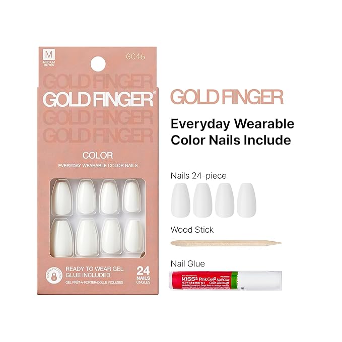 GoldFinger False Nails Kit, Ready to Wear Classic White Color Fake Nails, Manicure Stick and Glue Included, Medium Coffin Shape, Long-Lasting Hottest Trend Glue on Nails