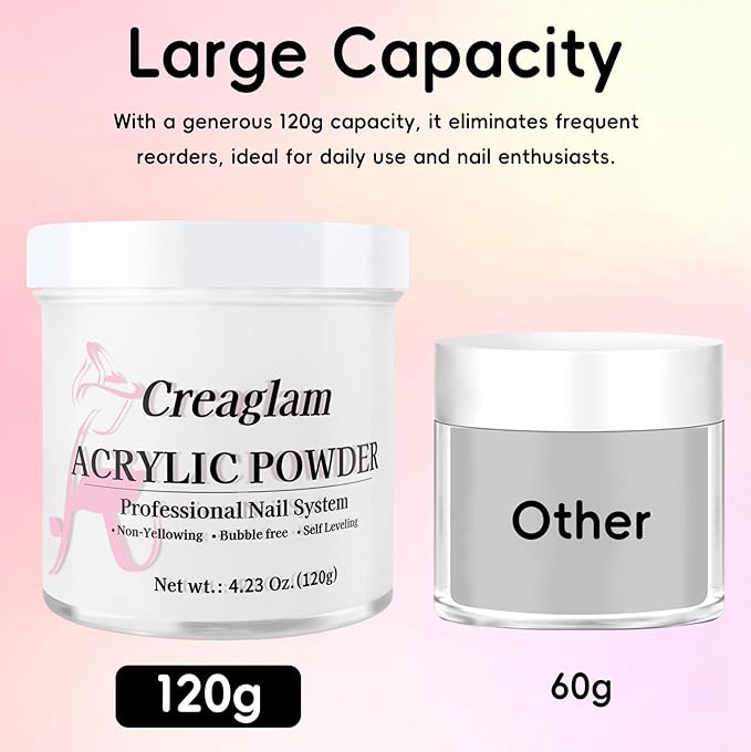 Acrylic Powder 120g 4.23oz No Lamp Needed for Nail Extensions, Bubble Free Formula Acrylic Nail Powder for 3D Art Sculpting Tips, Long Lasting Salon Quality Manicure