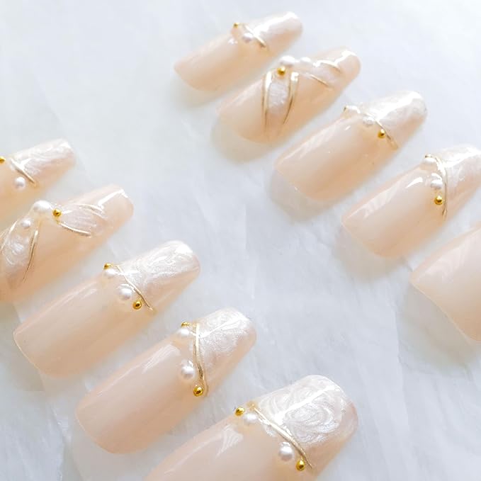 [GLORS] Luxury Pearl Press-on Nails, Long Ballerina Shape, Gold Accented Artificial Nails Set, Handmade False Nail 10 Pieces (Medium, LS)