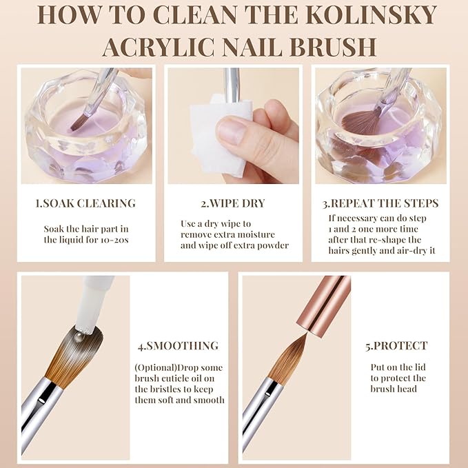 3PCS Kolinsky Hair Acrylic Nail Brush Set, Size 6/10/12, Oval Crimped Pressed Shaped, Golden Metal Handle, Professional Manicure for DIY Home Salon