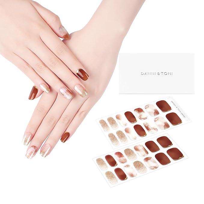 DANNI & TONI Semi Cured Gel Nail Strips Marble (Desert Rose) Gold Glitter Gel Nail Stickers Ombre 28 Stickers