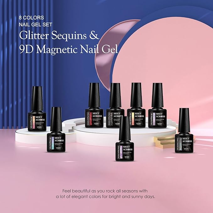 MEET ACROSS 8pcs Gel Nail Polish Set, Soak off UV LED Lamp Gel Nail Polish Cat Eye Set Home Gel Manicure Kit 7ml (Starburst Glitter + 9D Cat Eye Gel)